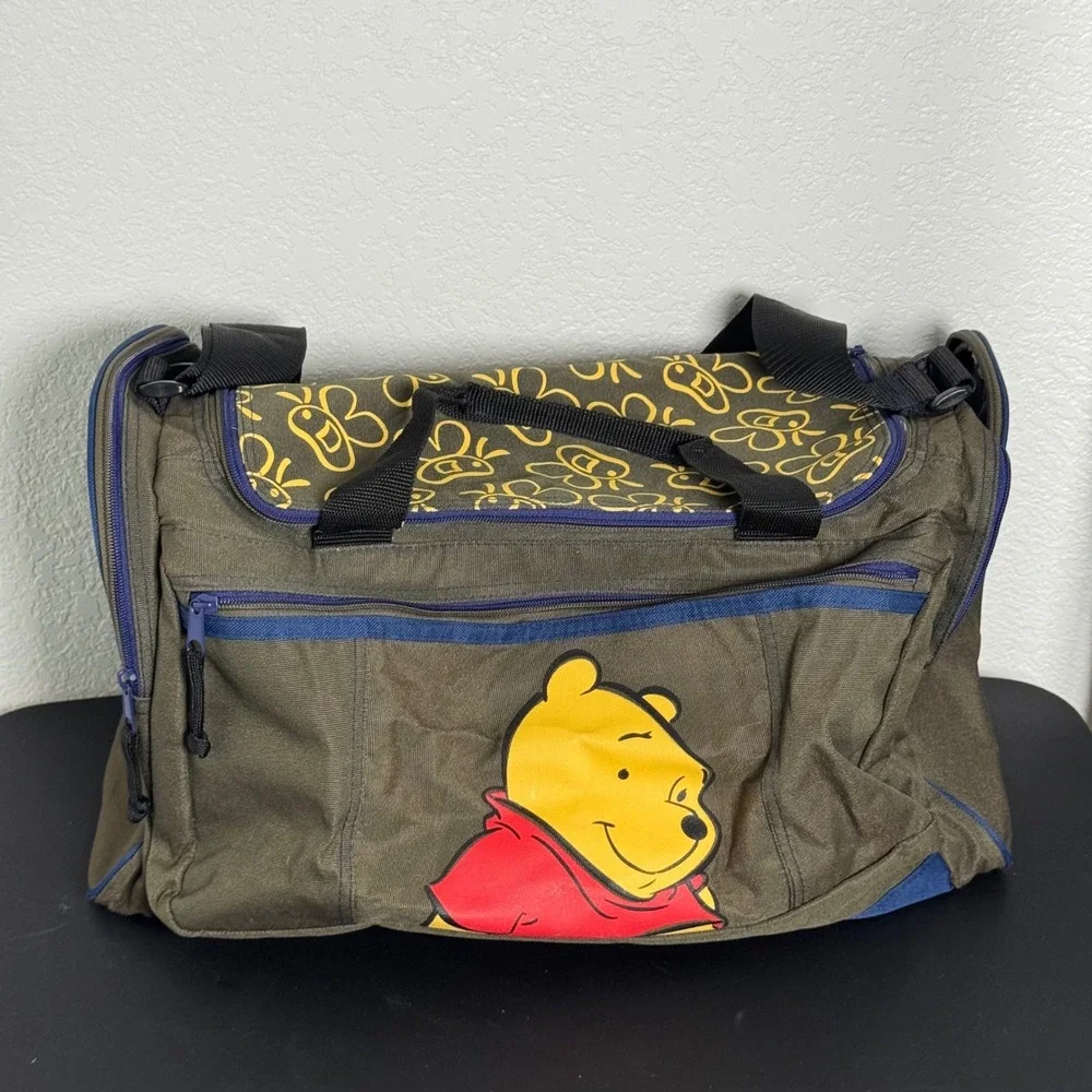 VINTAGE Disney Pooh Duffel Bag Unisex Large Olive Green Winnie The Pooh Graphic